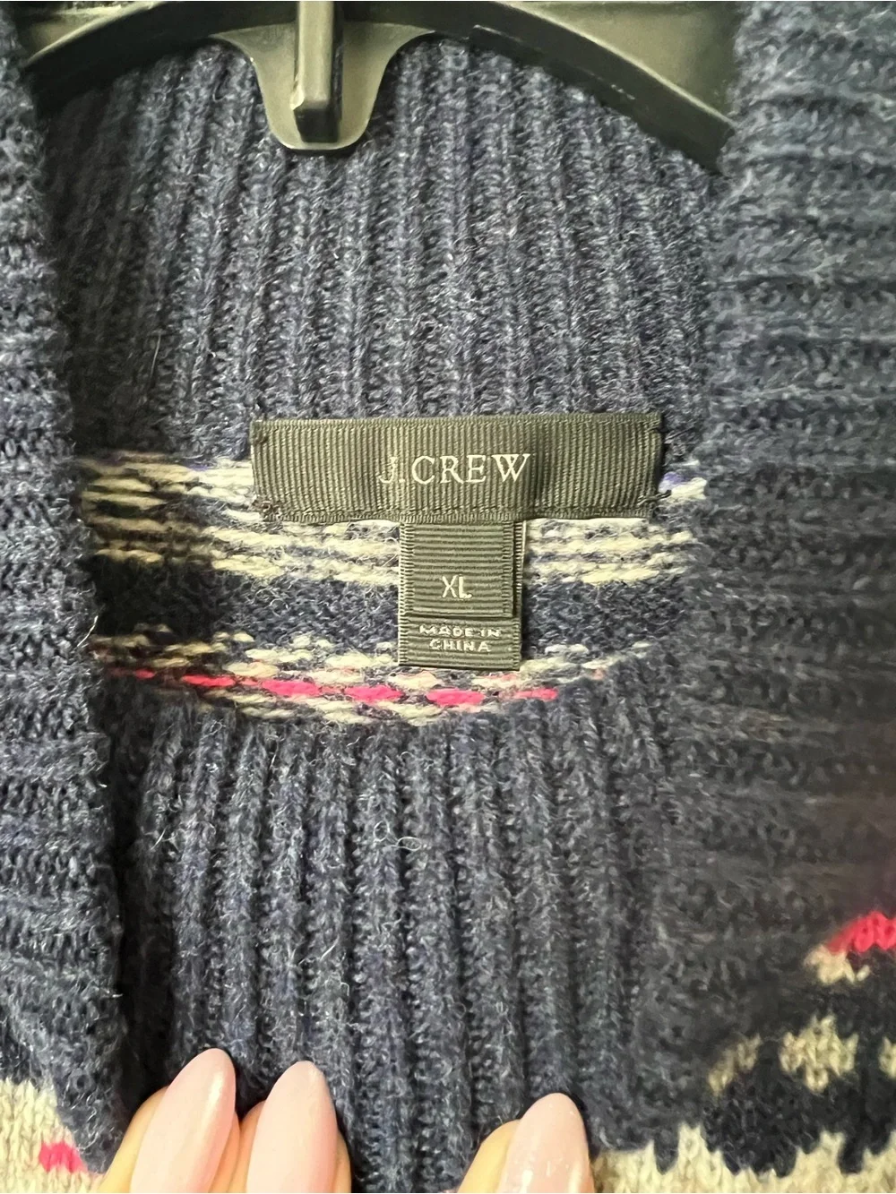 J. Crew Navy Fair Isle Turtleneck with Pink and Cream Stripes. 100% Wool. XL